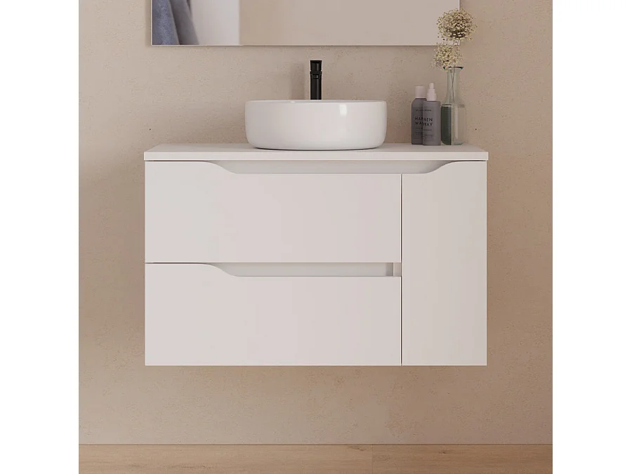 Meuble de salle de bain 80cm avec plateau, vasque à poser centrée Ares et miroir - 2 tiroirs et un placard - blanc - ZARZA