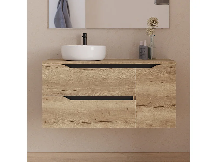 Meuble de salle de bain 100cm avec plateau et vasque à poser à gauche Ares - sans miroir - 2 tiroirs et un placard - madera miel (bois clair) - ZARZA
