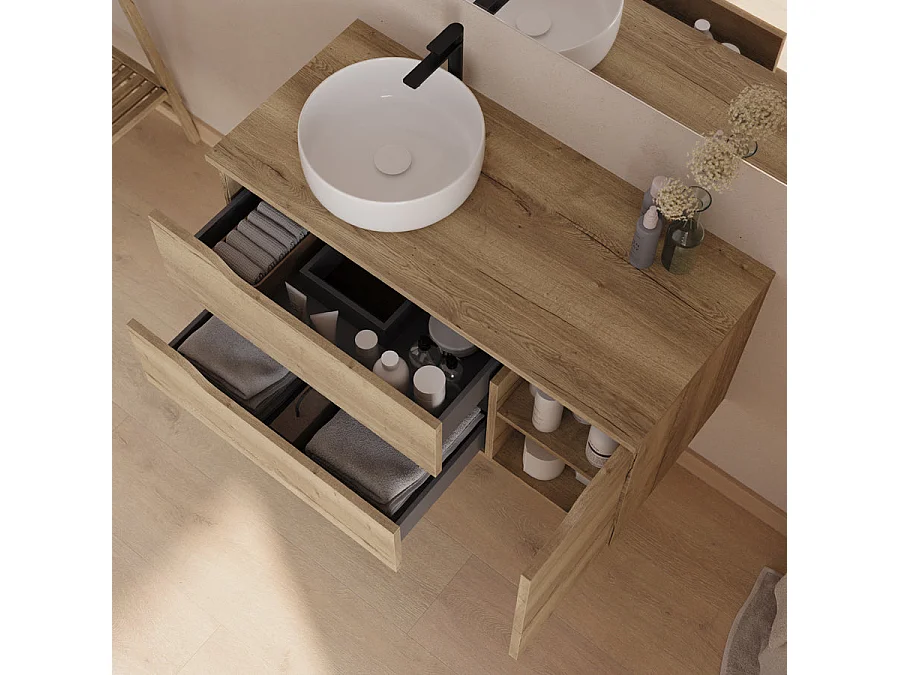 Meuble de salle de bain 100cm avec plateau et vasque à poser à gauche Ares - sans miroir - 2 tiroirs et un placard - madera miel (bois clair) - ZARZA