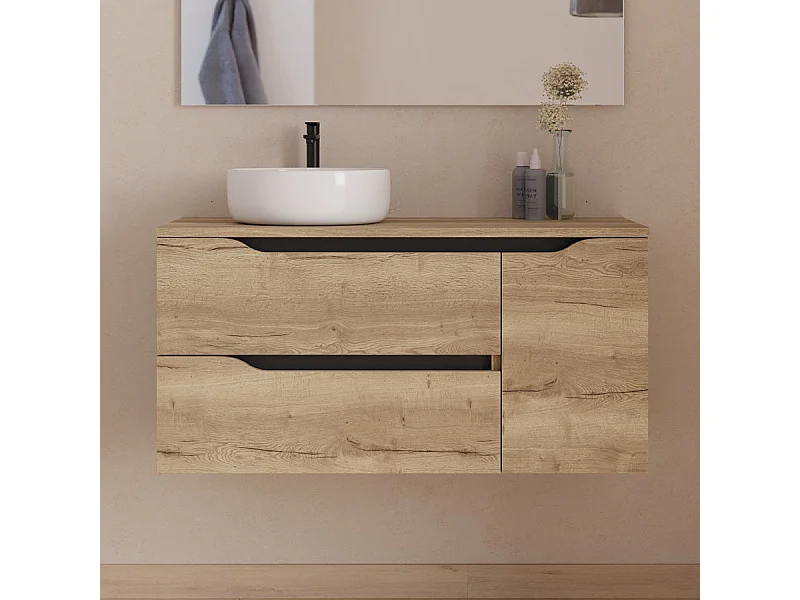 Meuble de salle de bain 100cm avec plateau et vasque à poser à gauche Ares - sans miroir - 2 tiroirs et un placard - madera miel (bois clair) - ZARZA