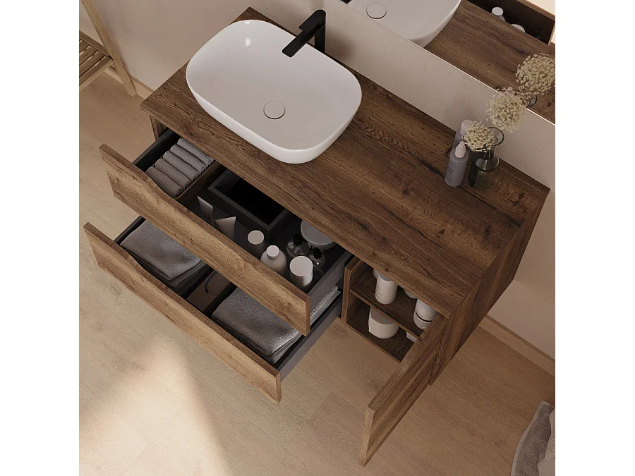 Meuble de salle de bain 100cm avec plateau et vasque à poser à gauche Zeus - sans miroir - 2 tiroirs et un placard - tabaco (bois foncé) - ZARZA