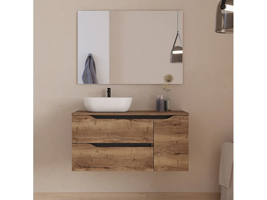 Meuble de salle de bain 100cm avec plateau et vasque à poser à gauche Zeus - sans miroir - 2 tiroirs et un placard - tabaco (bois foncé) - ZARZA