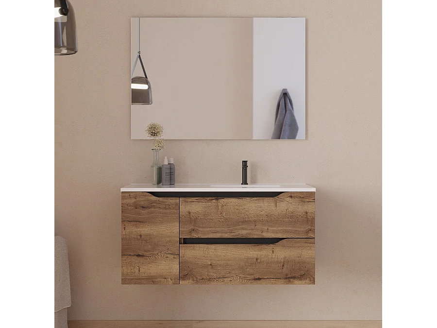 Meuble de salle de bain 100cm avec vasque déportée à droite - sans miroir - 2 tiroirs et un placard - tabaco (bois foncé) - ZARZA