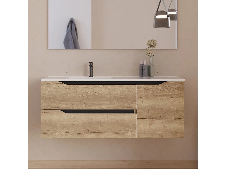 Meuble de salle de bain 120cm avec vasque déportée à gauche - sans miroir - 2 tiroirs et un placard - madera miel (bois clair) - ZARZA