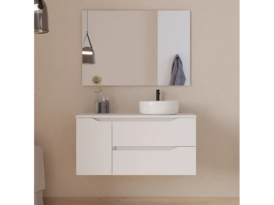 Meuble de salle de bain 100cm avec plateau, vasque à poser déportée à droite Ares et miroir - 2 tiroirs et un placard - blanc - ZARZA