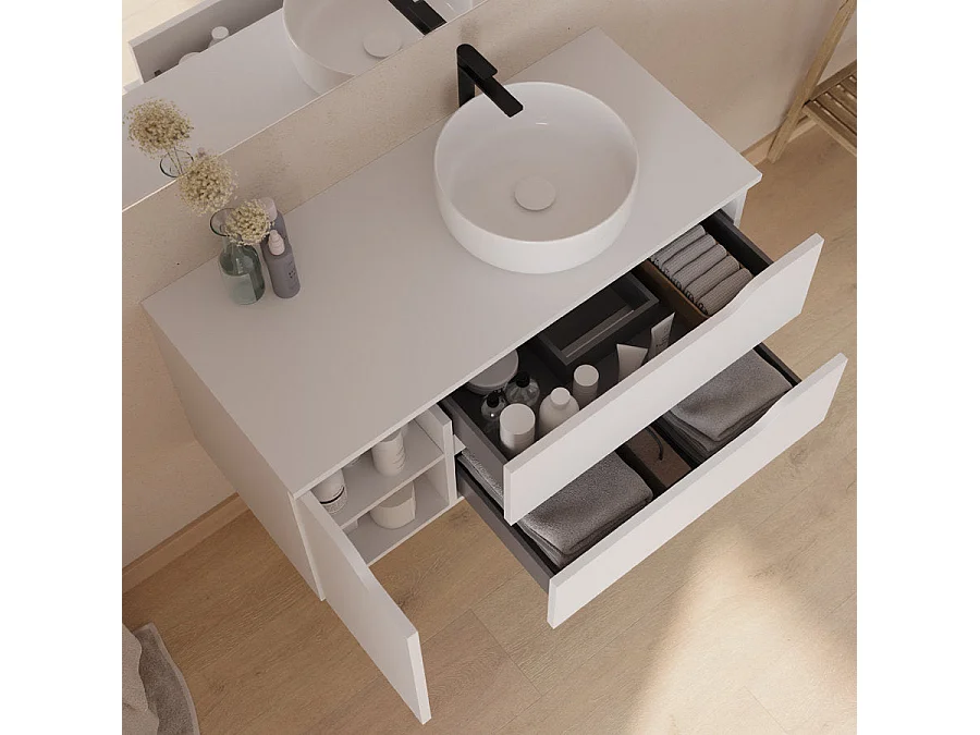 Meuble de salle de bain 100cm avec plateau, vasque à poser déportée à droite Ares et miroir - 2 tiroirs et un placard - blanc - ZARZA