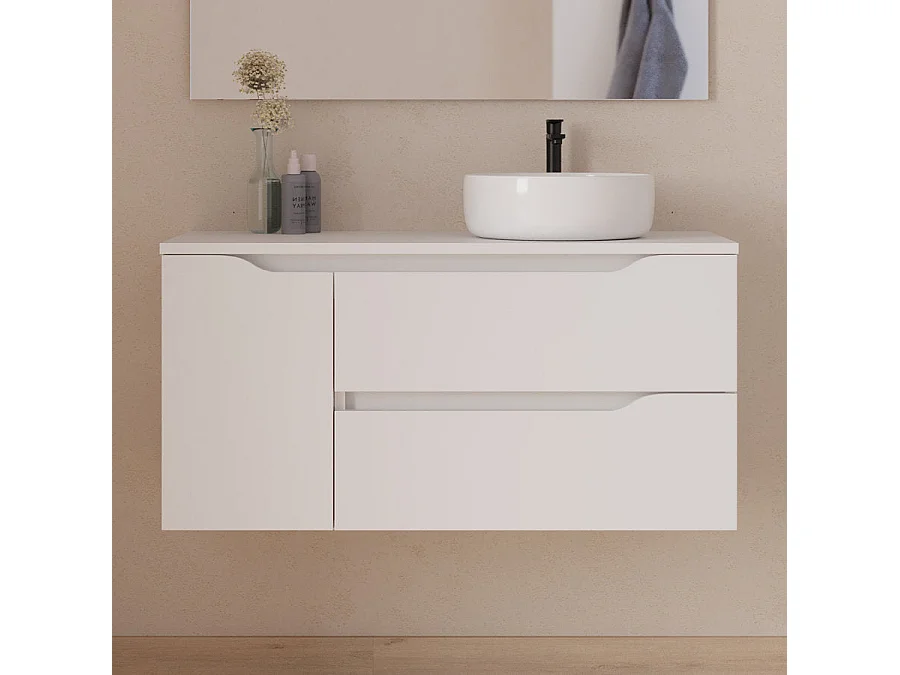Meuble de salle de bain 100cm avec plateau, vasque à poser déportée à droite Ares et miroir - 2 tiroirs et un placard - blanc - ZARZA
