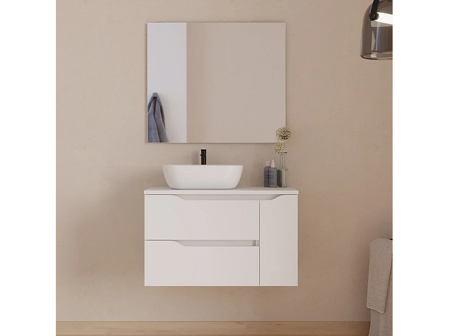 Meuble de salle de bain 80cm avec plateau, vasque à poser déportée à gauche Zeus et miroir - 2 tiroirs et un placard - blanc - ZARZA