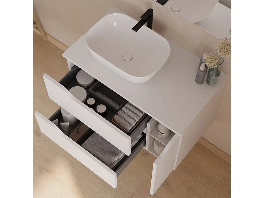 Meuble de salle de bain 80cm avec plateau, vasque à poser déportée à gauche Zeus et miroir - 2 tiroirs et un placard - blanc - ZARZA