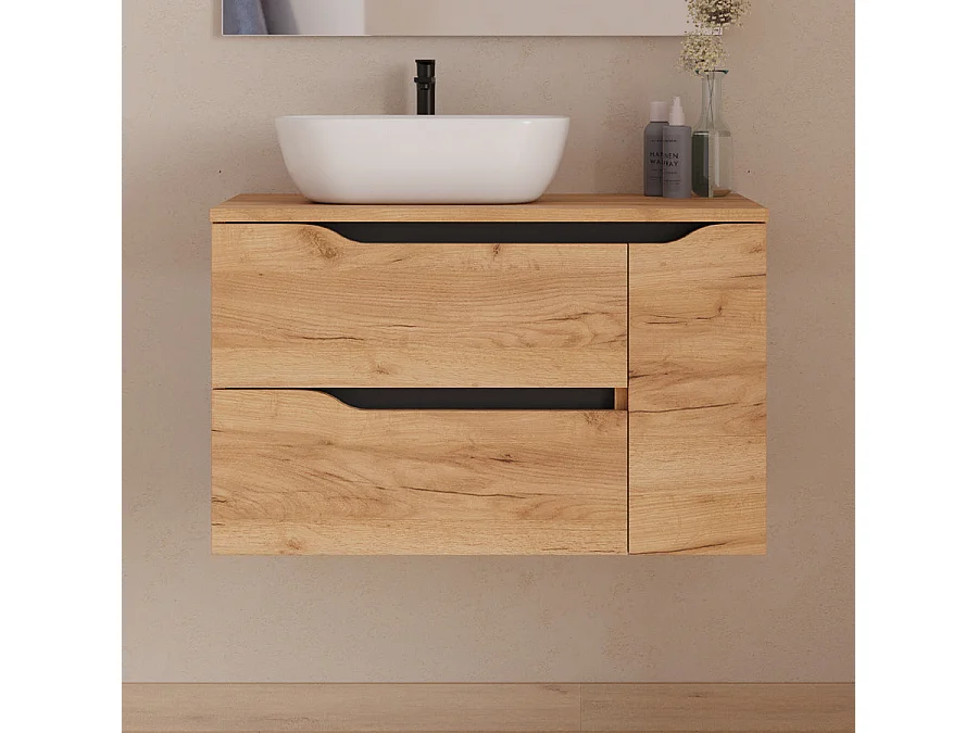 Meuble de salle de bain 80cm avec plateau, vasque à poser déportée à gauche Zeus et miroir - 2 tiroirs et un placard - roble (chêne clair) - ZARZA