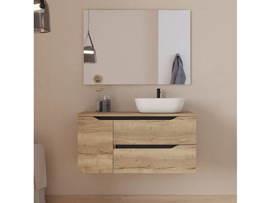 Meuble de salle de bain 100cm avec plateau, vasque à poser déportée à droite Zeus et miroir - 2 tiroirs et un placard - madera miel (bois clair) - ZARZA