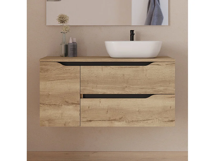 Meuble de salle de bain 100cm avec plateau, vasque à poser déportée à droite Zeus et miroir - 2 tiroirs et un placard - madera miel (bois clair) - ZARZA