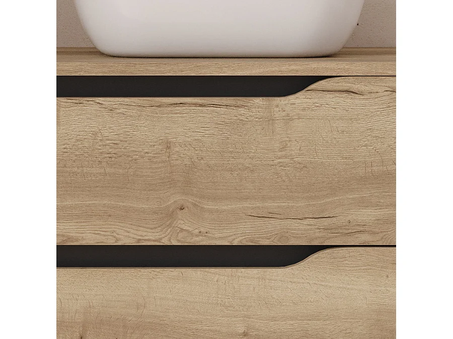 Meuble de salle de bain 100cm avec plateau, vasque à poser déportée à droite Zeus et miroir - 2 tiroirs et un placard - madera miel (bois clair) - ZARZA