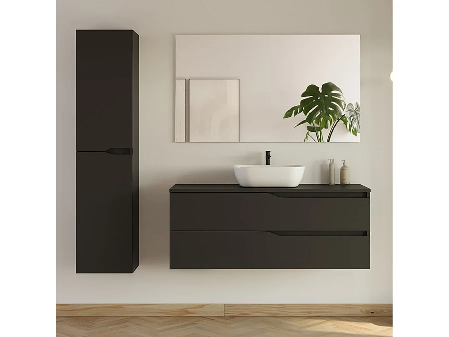 Meuble de salle de bain 120cm avec plateau et vasque ronde Zeus - 2 tiroirs et colonne de rangement - noir mat - LUNA