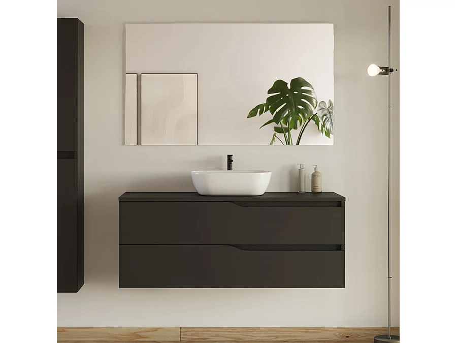 Meuble de salle de bain 120cm avec plateau et vasque ronde Zeus - 2 tiroirs et colonne de rangement - noir mat - LUNA