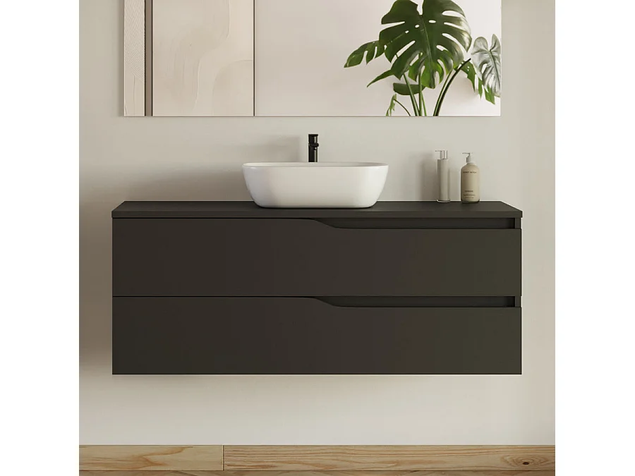 Meuble de salle de bain 120cm avec plateau et vasque ronde Zeus - 2 tiroirs et colonne de rangement - noir mat - LUNA