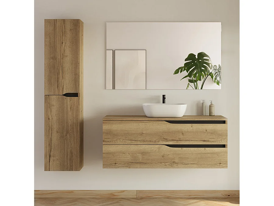 Meuble de salle de bain 120cm avec plateau et vasque ronde Zeus - 2 tiroirs et colonne de rangement - madera miel (bois clair) - LUNA
