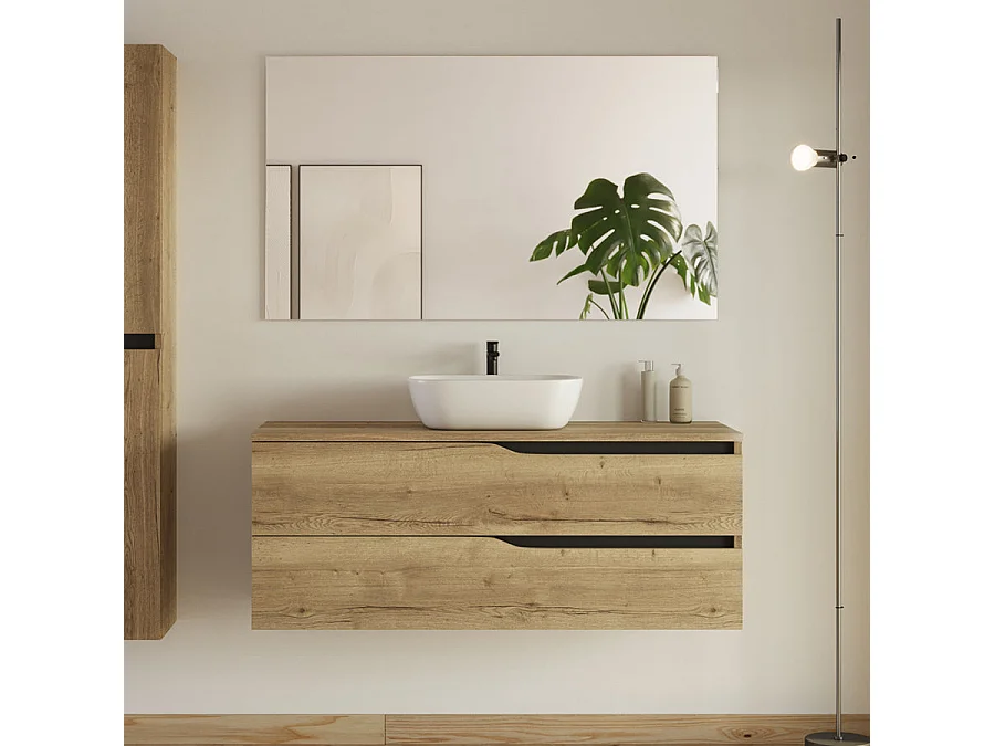 Meuble de salle de bain 120cm avec plateau et vasque ronde Zeus - 2 tiroirs et colonne de rangement - madera miel (bois clair) - LUNA