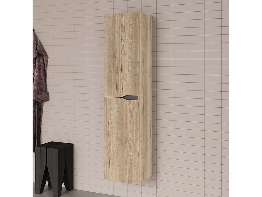 Meuble de salle de bain 120cm avec plateau et vasque ronde Zeus - 2 tiroirs et colonne de rangement - madera miel (bois clair) - LUNA