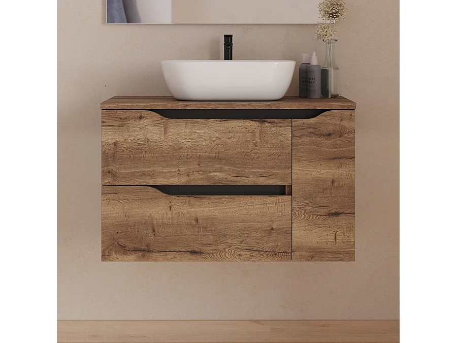Meuble de salle de bain 80cm avec plateau et vasque à poser centrée Zeus - sans miroir - 2 tiroirs et un placard - tabaco (bois foncé) - ZARZA