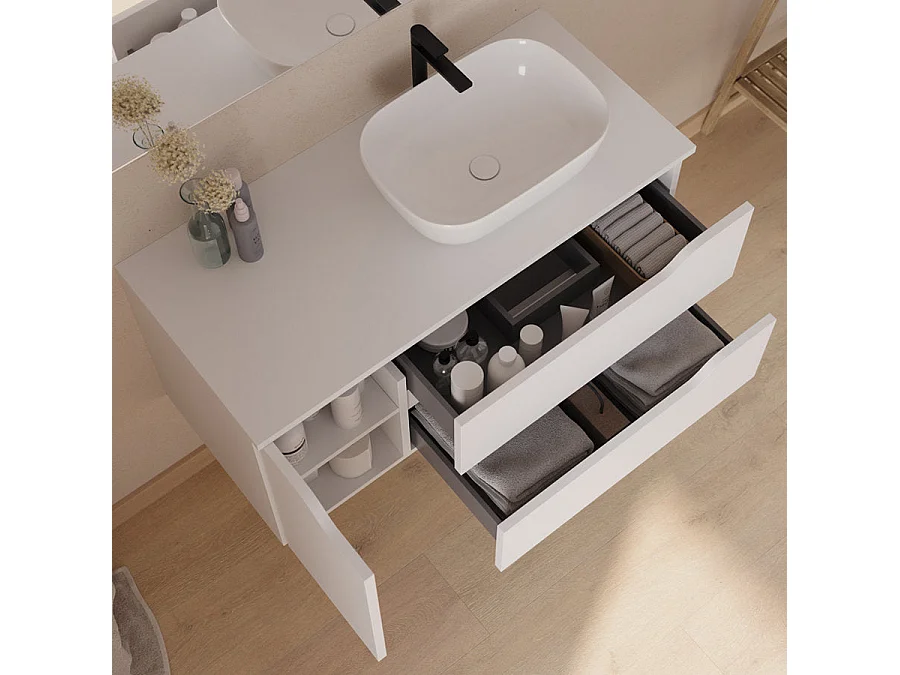 Meuble de salle de bain 100cm avec plateau et vasque à poser à droite Zeus - sans miroir - 2 tiroirs et un placard - blanc - ZARZA