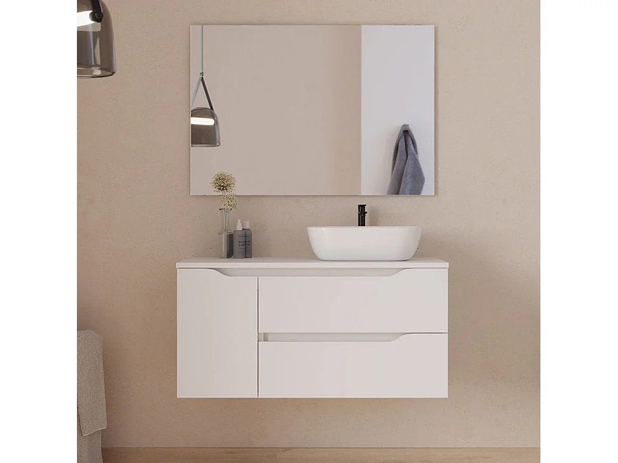 Meuble de salle de bain 100cm avec plateau et vasque à poser à droite Zeus - sans miroir - 2 tiroirs et un placard - blanc - ZARZA