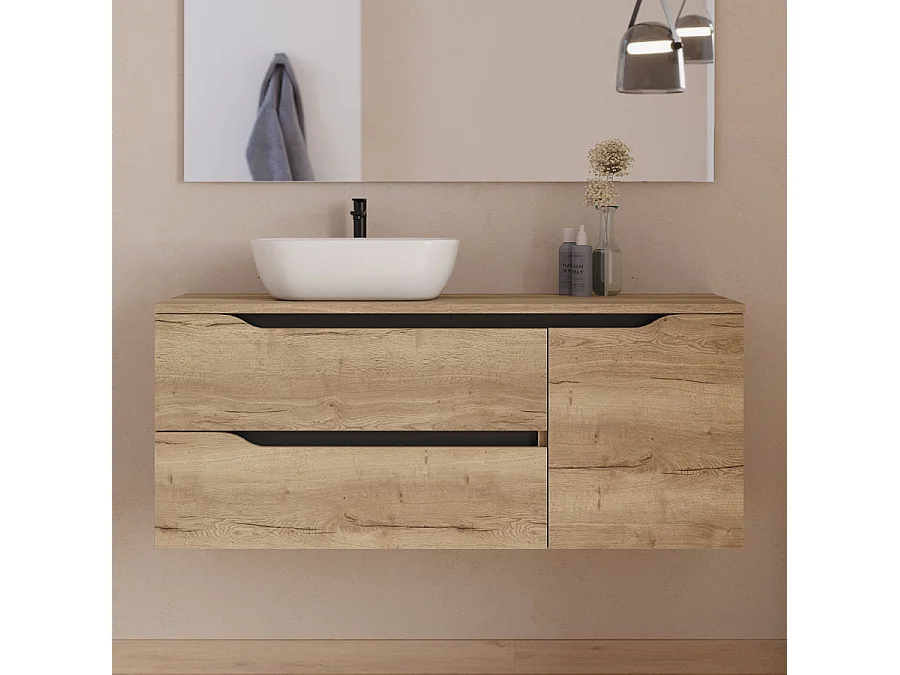 Meuble de salle de bain 120cm avec plateau et vasque à poser à gauche Zeus - sans miroir - 2 tiroirs et un placard - madera miel (bois clair) - ZARZA