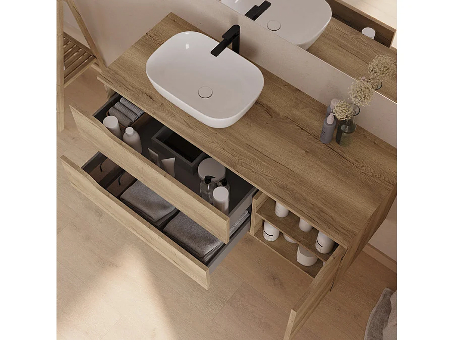 Meuble de salle de bain 120cm avec plateau et vasque à poser à gauche Zeus - sans miroir - 2 tiroirs et un placard - madera miel (bois clair) - ZARZA