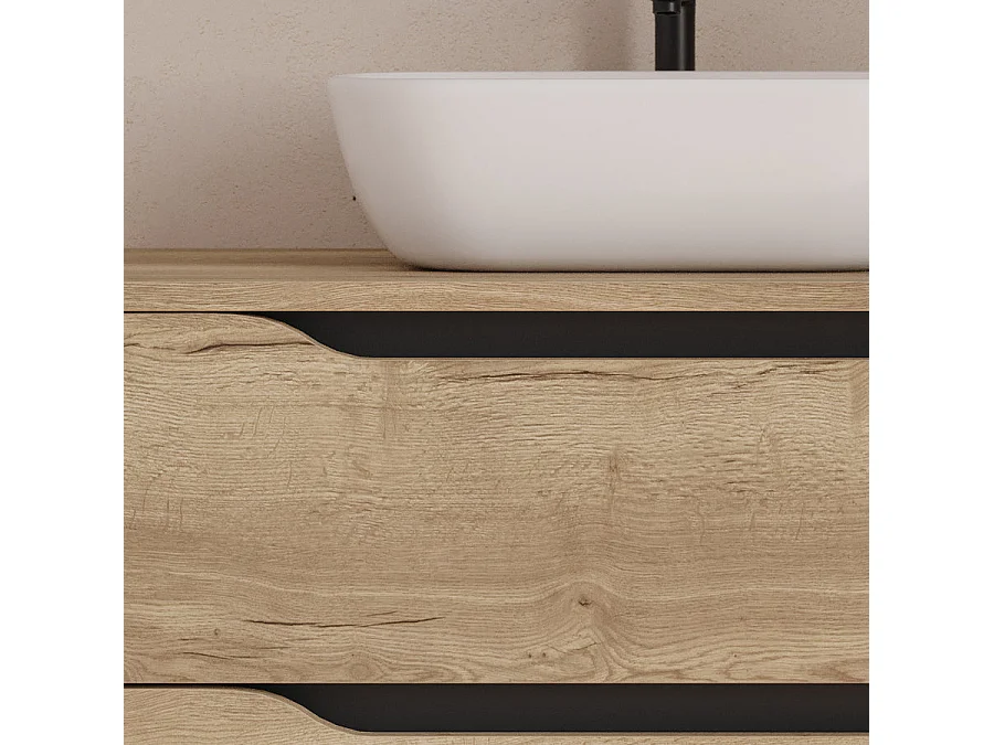 Meuble de salle de bain 120cm avec plateau et vasque à poser à gauche Zeus - sans miroir - 2 tiroirs et un placard - madera miel (bois clair) - ZARZA