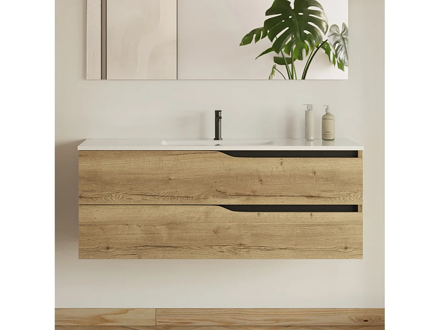 Meuble de salle de bain 120cm avec double vasque - 2 tiroirs et colonne de rangement - madera miel (bois clair) - LUNA