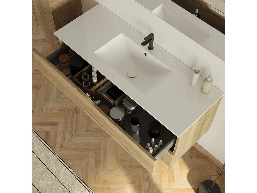Meuble de salle de bain 120cm avec double vasque - 2 tiroirs et colonne de rangement - madera miel (bois clair) - LUNA