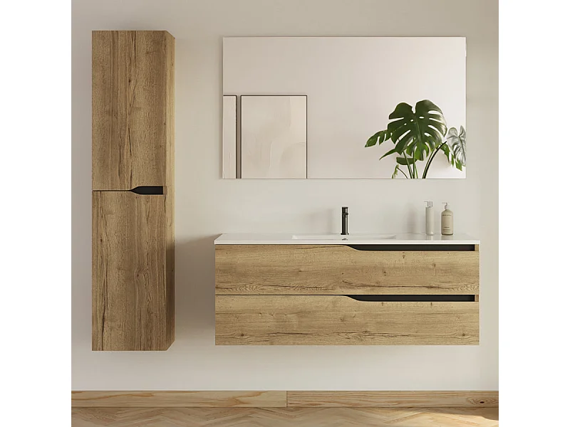 Meuble de salle de bain 120cm avec double vasque - 2 tiroirs et colonne de rangement - madera miel (bois clair) - LUNA