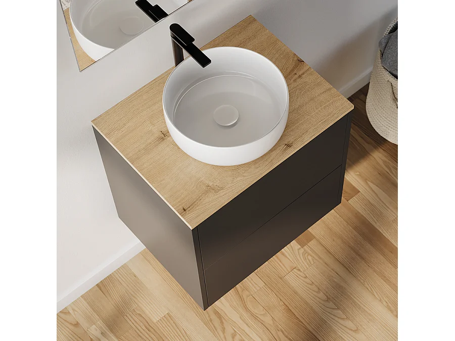 Meuble de salle de bain 60cm avec vasque à poser ronde - 2 tiroirs - sans miroir - noir - MONA