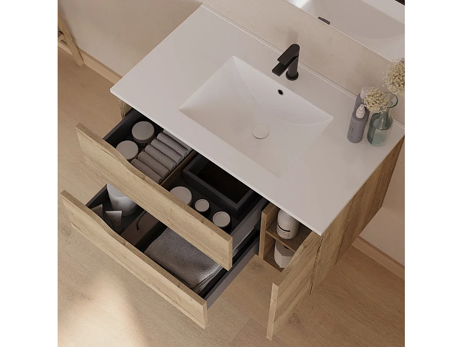 Meuble de salle de bain 80cm avec vasque centrée - 2 tiroirs et un placard - madera miel (bois clair) - ZARZA