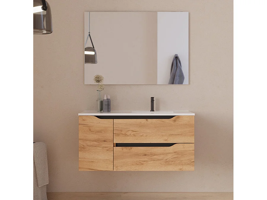 Meuble de salle de bain 100cm avec vasque déportée à droite - sans miroir - 2 tiroirs et un placard - roble (chêne clair) - ZARZA