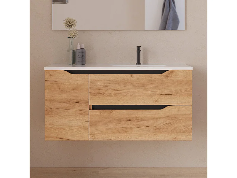 Meuble de salle de bain 100cm avec vasque déportée à droite - sans miroir - 2 tiroirs et un placard - roble (chêne clair) - ZARZA