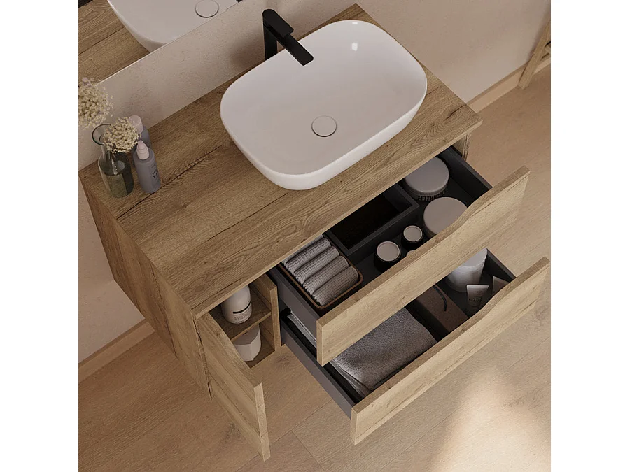 Meuble de salle de bain 80cm avec plateau et vasque à poser à droite Zeus - sans miroir - 2 tiroirs et un placard - madera miel (bois clair) - ZARZA