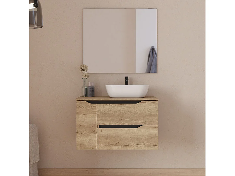 Meuble de salle de bain 80cm avec plateau et vasque à poser à droite Zeus - sans miroir - 2 tiroirs et un placard - madera miel (bois clair) - ZARZA