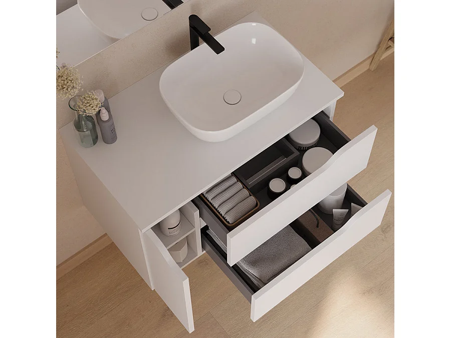 Meuble de salle de bain 80cm avec plateau, vasque à poser déportée à droite Zeus et miroir - 2 tiroirs et un placard - blanc - ZARZA