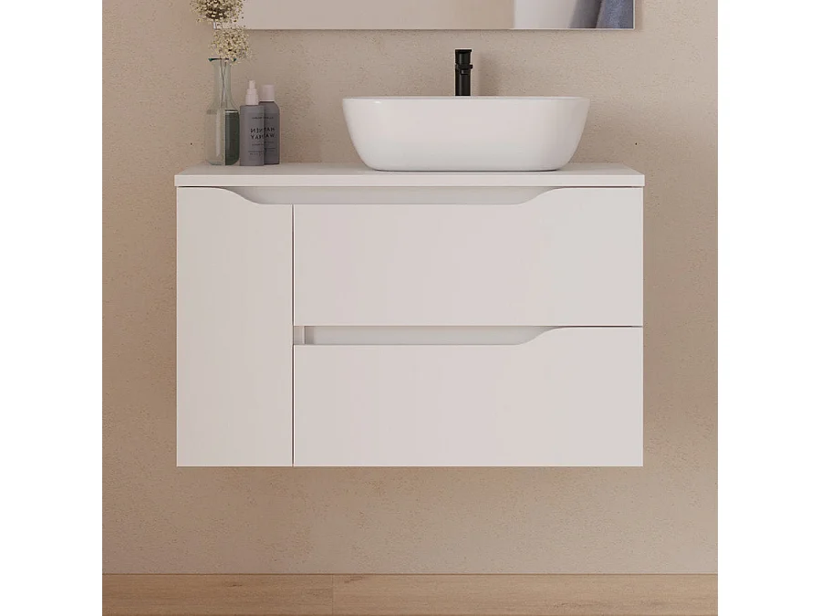 Meuble de salle de bain 80cm avec plateau, vasque à poser déportée à droite Zeus et miroir - 2 tiroirs et un placard - blanc - ZARZA