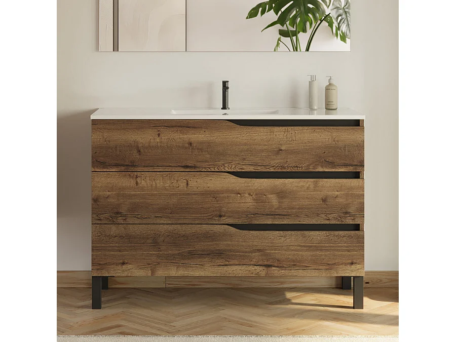Meuble de salle de bain 120cm avec simple vasque - 3 tiroirs et colonne de rangement - tabaco (chêne foncé) - MATA