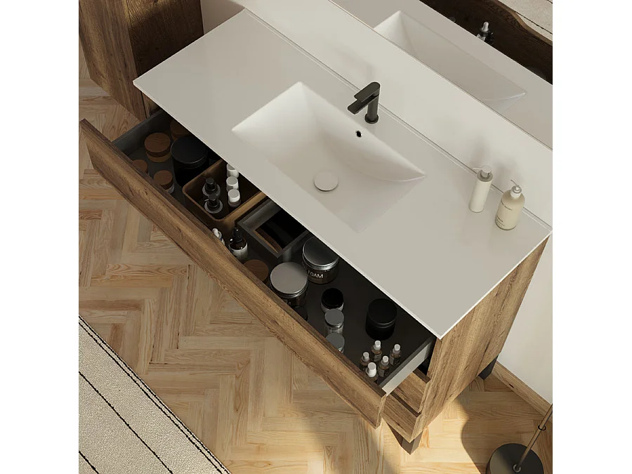 Meuble de salle de bain 120cm avec simple vasque - 3 tiroirs et colonne de rangement - tabaco (chêne foncé) - MATA