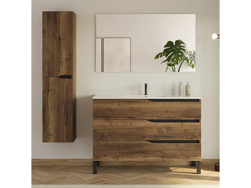 Meuble de salle de bain 120cm avec simple vasque - 3 tiroirs et colonne de rangement - tabaco (chêne foncé) - MATA