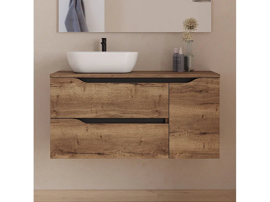 Meuble de salle de bain 100cm avec plateau, vasque à poser déportée à gauche Zeus et miroir - 2 tiroirs et un placard - tabaco (bois foncé) - ZARZA