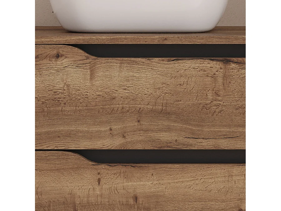 Meuble de salle de bain 100cm avec plateau, vasque à poser déportée à gauche Zeus et miroir - 2 tiroirs et un placard - tabaco (bois foncé) - ZARZA