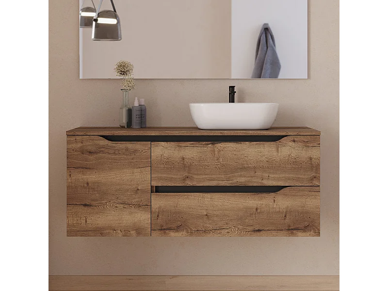 Meuble de salle de bain 120cm avec plateau et vasque à poser à droite Zeus - sans miroir - 2 tiroirs et un placard - tabaco (bois foncé) - ZARZA