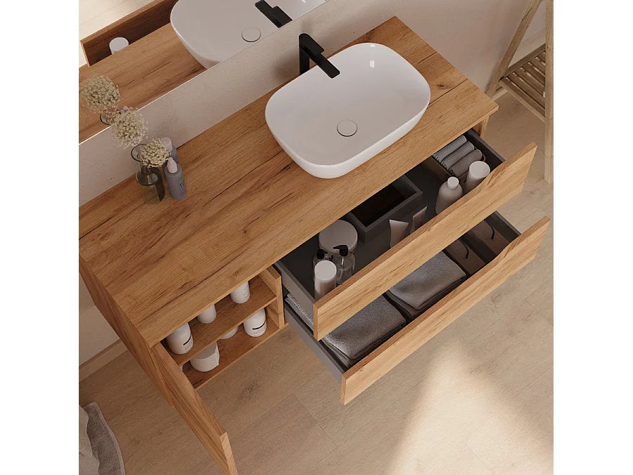 Meuble de salle de bain 120cm avec plateau et vasque à poser à droite Zeus - sans miroir - 2 tiroirs et un placard - roble (chêne clair) - ZARZA