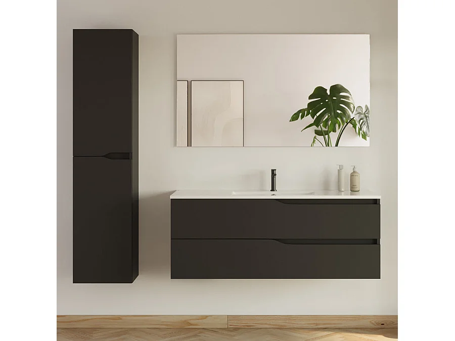 Meuble de salle de bain 120cm avec double vasque - 2 tiroirs et colonne de rangement - noir mat - LUNA