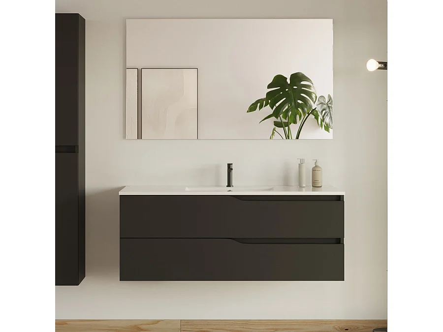 Meuble de salle de bain 120cm avec double vasque - 2 tiroirs et colonne de rangement - noir mat - LUNA