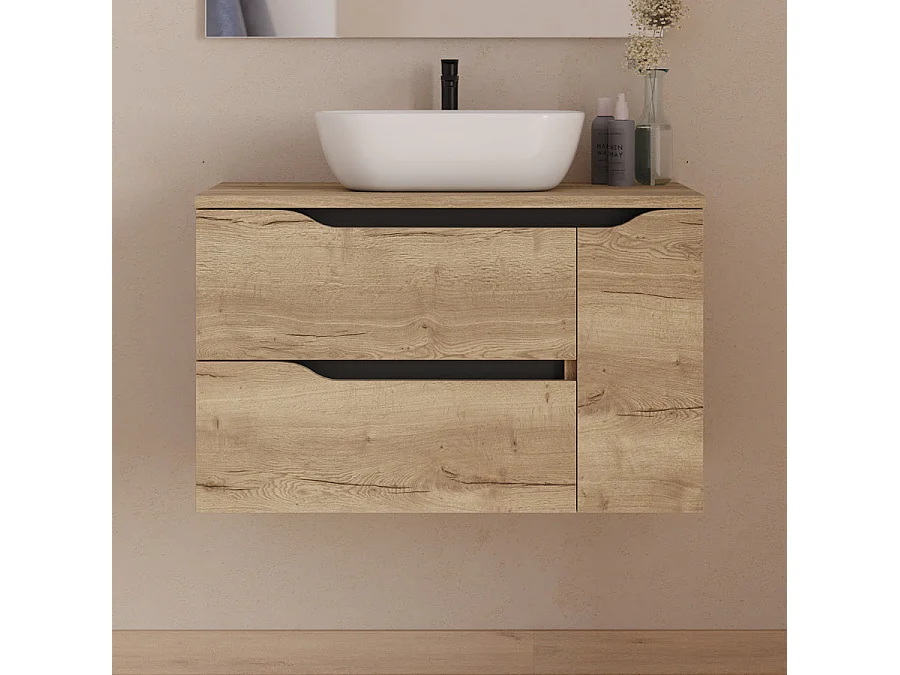 Meuble de salle de bain 80cm avec plateau, vasque à poser centrée Zeus et miroir - 2 tiroirs et un placard - madera miel (bois clair) - ZARZA